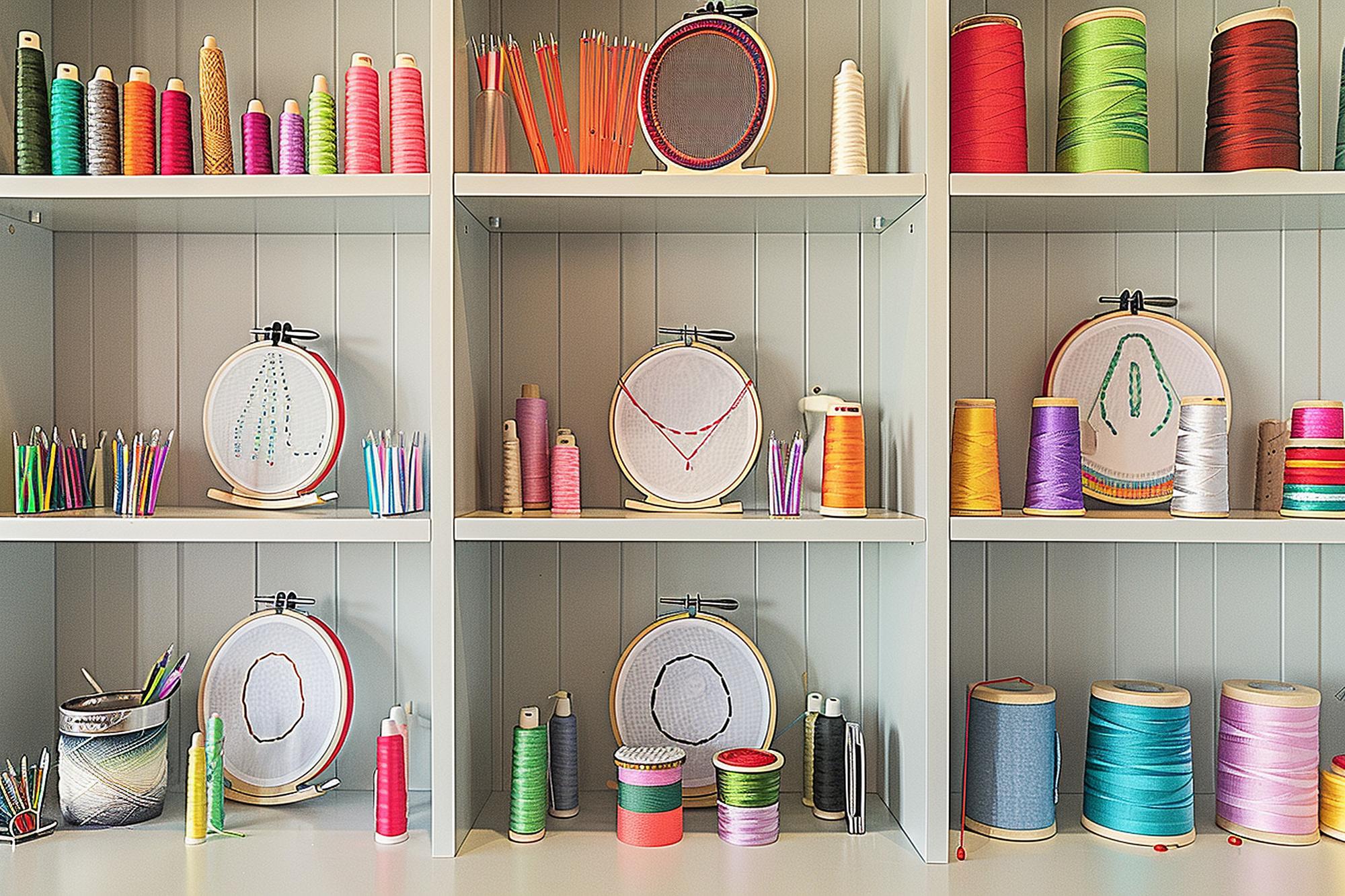 Studio workspace with embroidery frames and threads