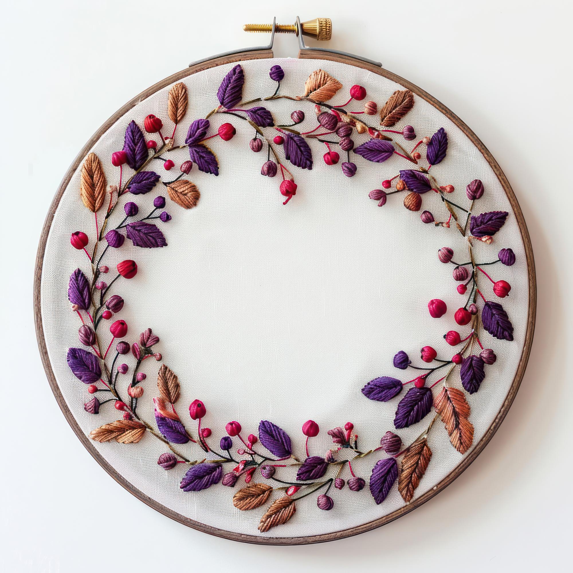 Large embroidered floral hoop on wooden table