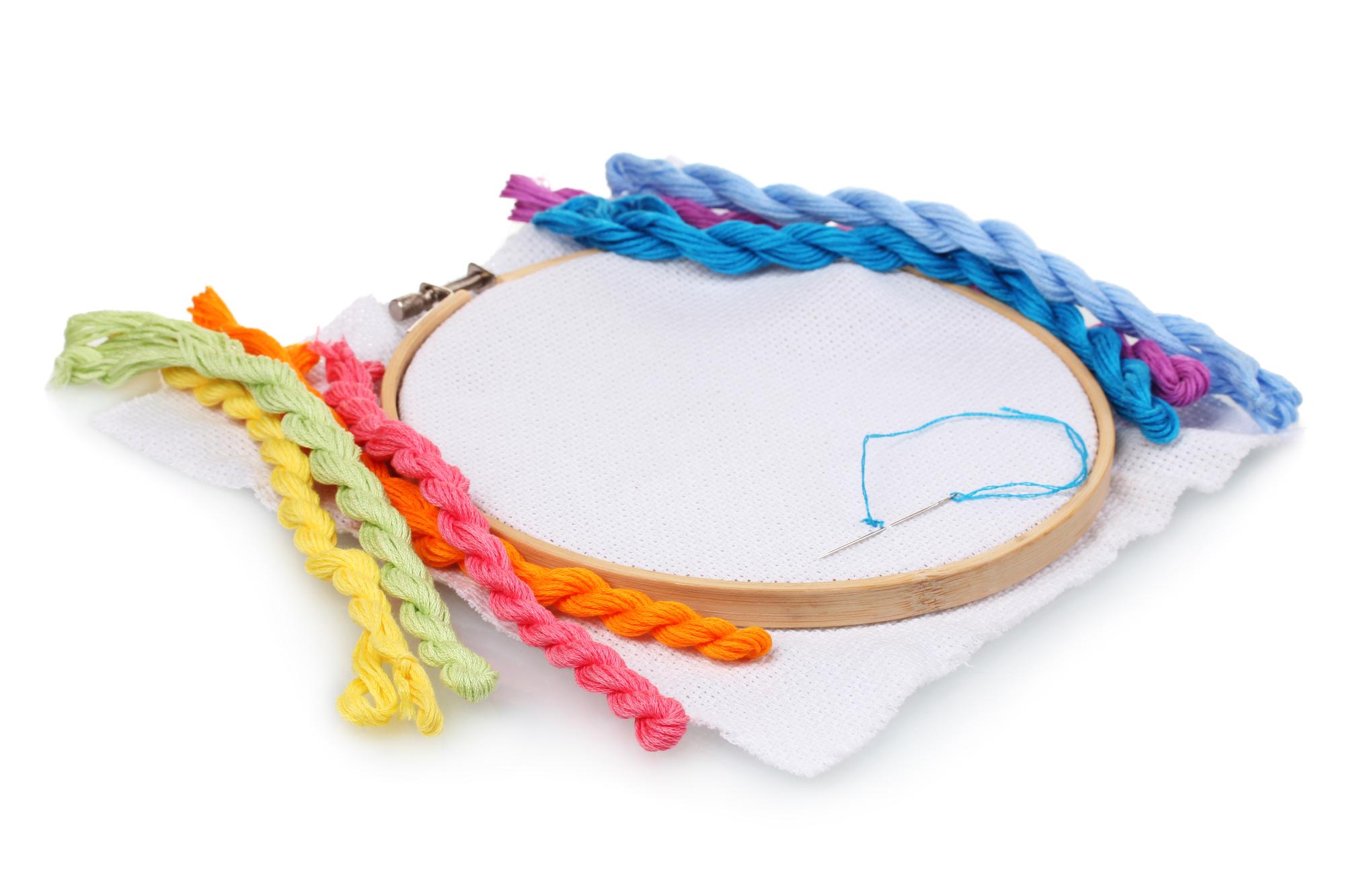 Close-up of colorful embroidery hoop on white table
